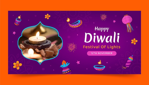 Gratis vector sjabloon voor handgetekende horizontale banner voor de viering van het diwali-festival