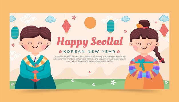 Gratis vector sjabloon voor handgetekende seollal viering horizontale banner