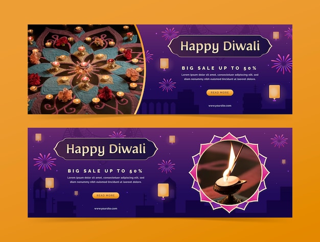 Gratis vector sjabloon voor horizontale banner met kleurovergang voor diwali-festivalviering met lantaarns