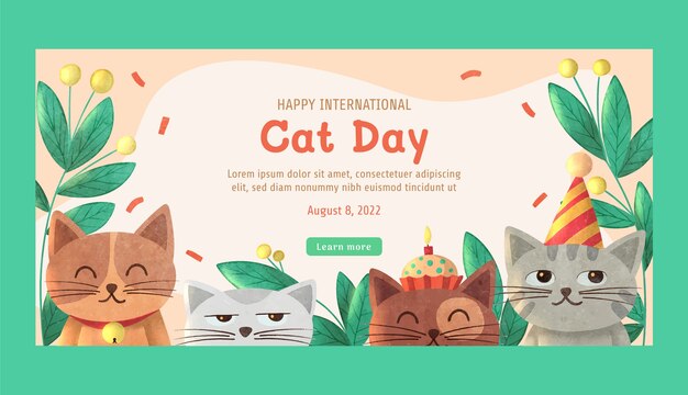 Sjabloon voor horizontale banner van aquarel internationale kattendag met katten en bladeren