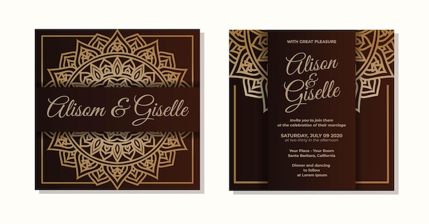 Sjabloon voor huwelijksuitnodiging met luxe mandala-ontwerp in gouden kleur