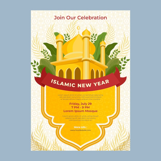 Sjabloon voor islamitische nieuwjaarsuitnodiging met plat ontwerp