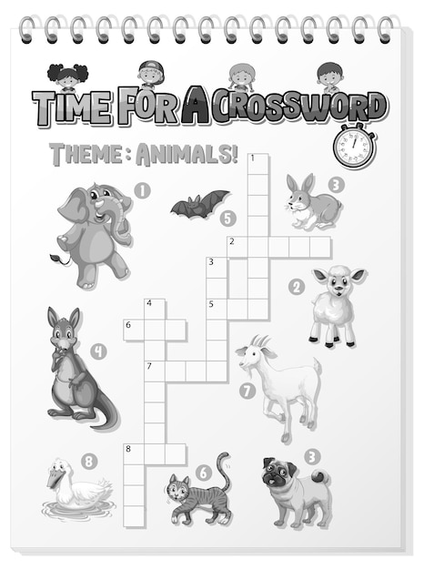 Gratis vector sjabloon voor kruiswoordpuzzels over dieren