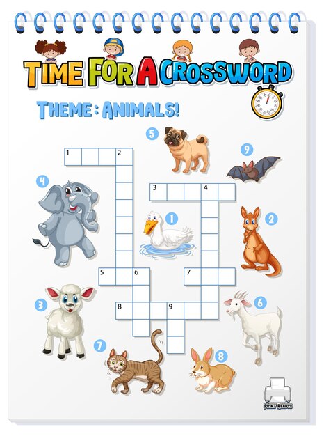 Sjabloon voor kruiswoordpuzzels over dieren