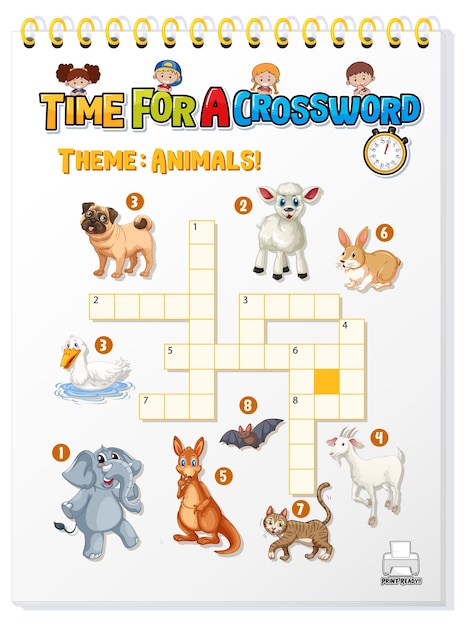 Gratis vector sjabloon voor kruiswoordpuzzels over dieren