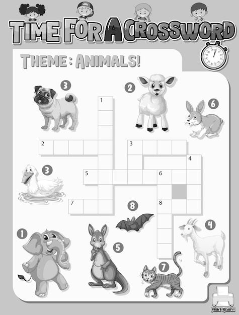 Gratis vector sjabloon voor kruiswoordpuzzels over dieren