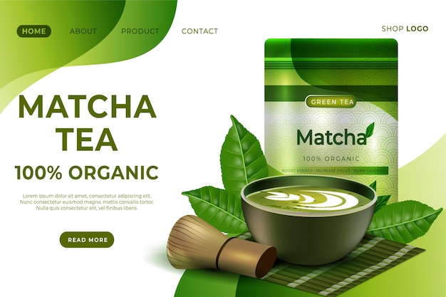 Gratis vector sjabloon voor landingspagina's van matcha-thee