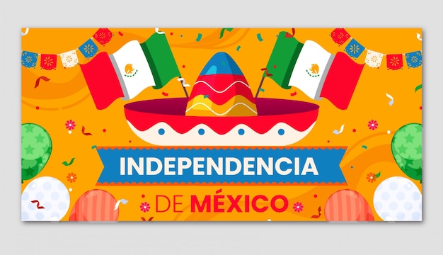 Gratis vector sjabloon voor plat horizontaal spandoek voor de viering van de onafhankelijkheid van mexico