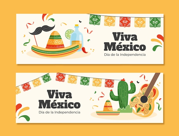 Gratis vector sjabloon voor plat horizontaal spandoek voor de viering van de onafhankelijkheid van mexico
