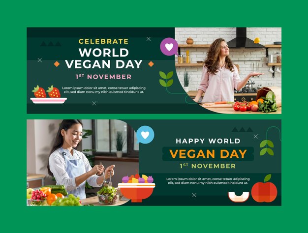 Sjabloon voor plat horizontaal spandoek voor de viering van de wereld veganistische dag