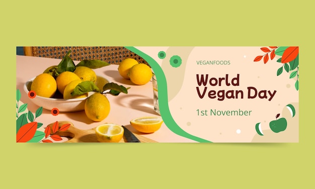Gratis vector sjabloon voor plat horizontaal spandoek voor de viering van de wereld veganistische dag