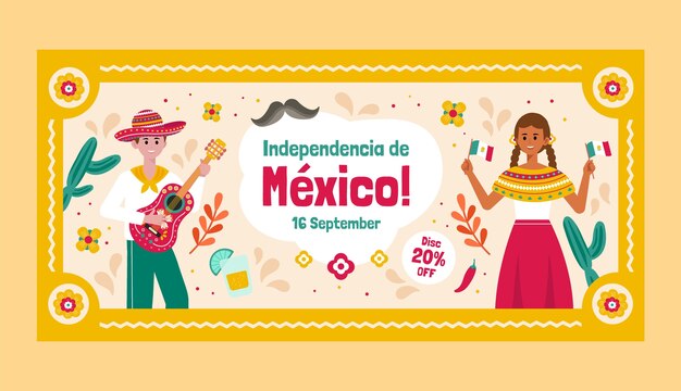 Sjabloon voor plat horizontaal verkoopbanner voor de viering van de onafhankelijkheidsdag van mexico
