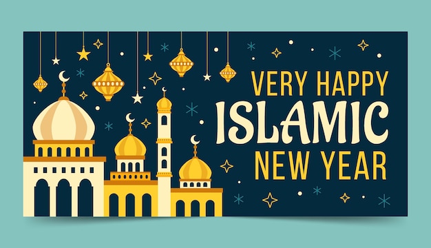 Sjabloon voor plat islamitisch nieuwjaar horizontaal spandoek met paleis en lantaarns