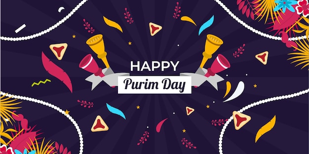 Gratis vector sjabloon voor plat purim horizontaal spandoek