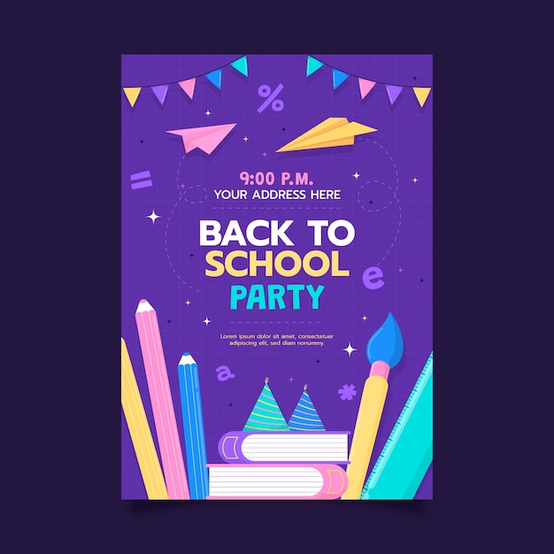 Gratis vector sjabloon voor plat terug naar schoolfeestposter