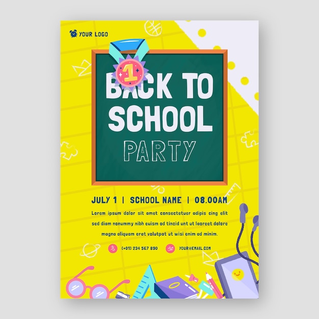 Gratis vector sjabloon voor plat terug naar schoolfeestposter