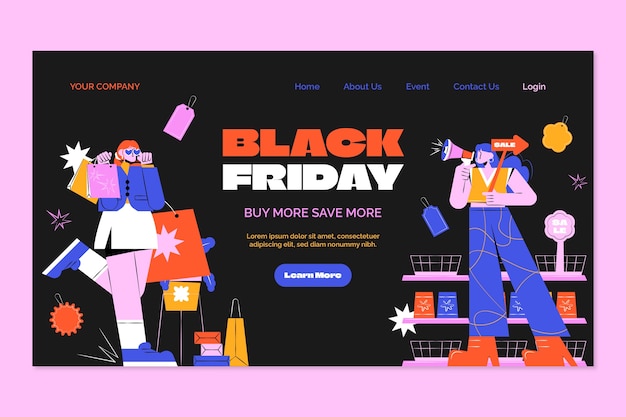 Gratis vector sjabloon voor platte bestemmingspagina's voor black friday-verkopen