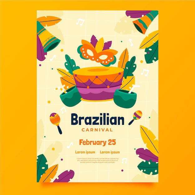 Gratis vector sjabloon voor platte braziliaanse carnaval verticale poster