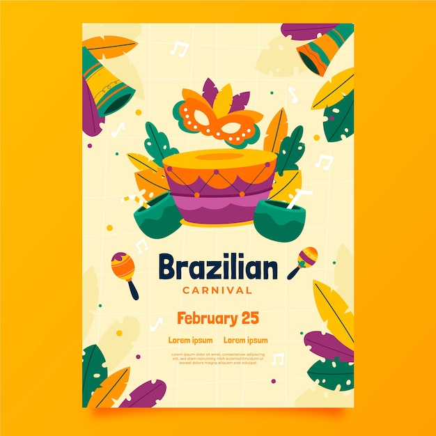 Sjabloon voor platte braziliaanse carnaval verticale poster