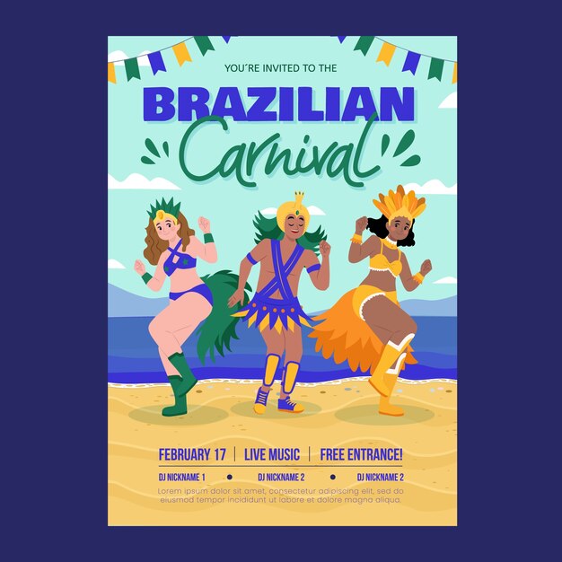 Sjabloon voor platte Braziliaanse carnaval verticale poster