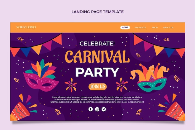 Gratis vector sjabloon voor platte carnaval-bestemmingspagina