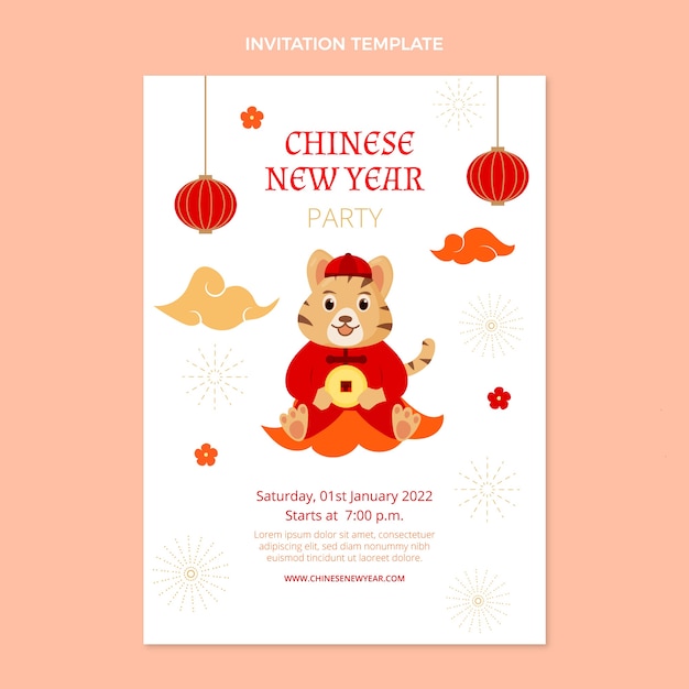 Gratis vector sjabloon voor platte chinese nieuwjaarsuitnodiging