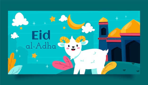 Gratis vector sjabloon voor platte eid al-adha horizontale banner met paleis en geit