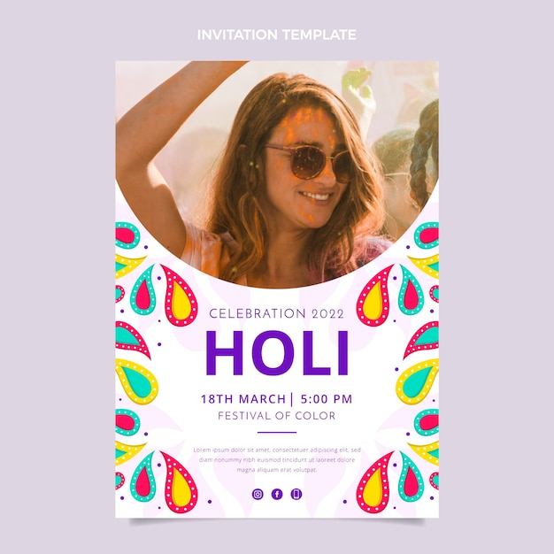 Gratis vector sjabloon voor platte holi-uitnodigingen