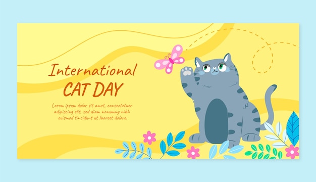 Sjabloon voor platte internationale kattendag horizontale banner met kat en vlinder