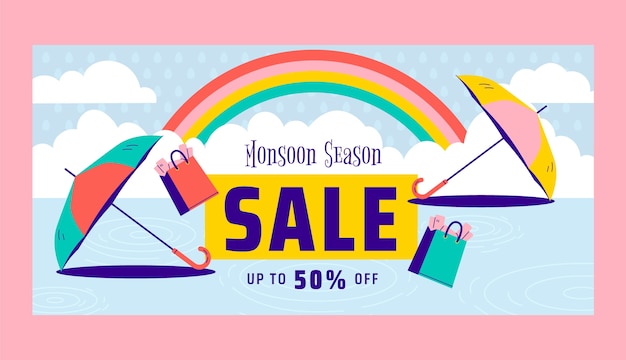 Gratis vector sjabloon voor platte moessonseizoen verkoop horizontale banner