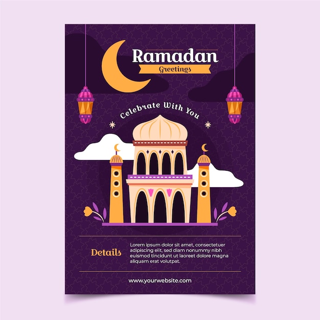 Gratis vector sjabloon voor platte ramadan-wenskaarten