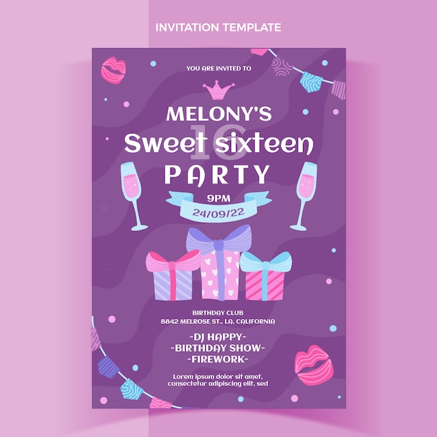 Sjabloon voor platte sweet 16-uitnodiging