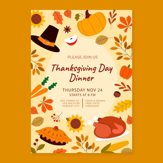 Gratis vector sjabloon voor platte thanksgiving-vieringsuitnodiging