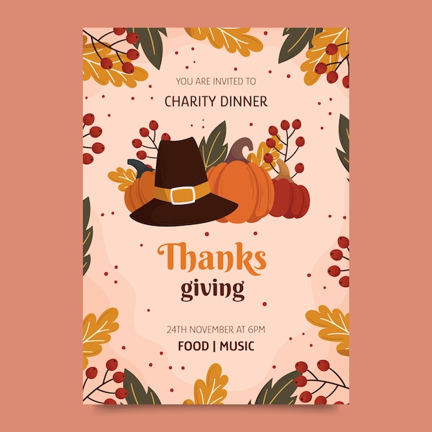 Gratis vector sjabloon voor platte thanksgiving-vieringsuitnodiging