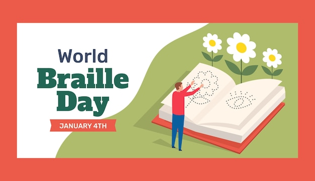 Gratis vector sjabloon voor platte wereld braille dag horizontale banner