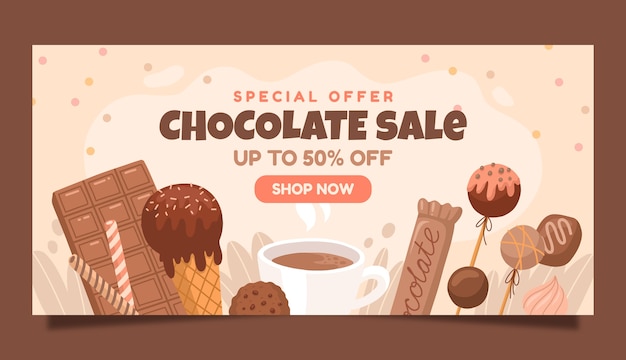 Gratis vector sjabloon voor platte wereldchocolade dag verkoop horizontale banner