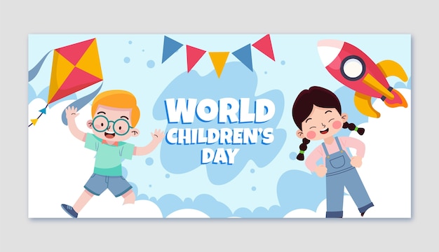 Gratis vector sjabloon voor platte wereldkinderdag horizontale spandoek