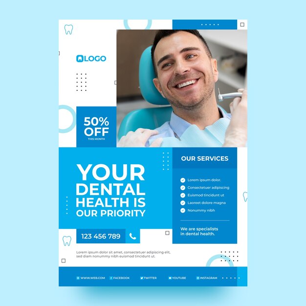Sjabloon voor poster met plat ontwerp voor tandheelkundige klinieken