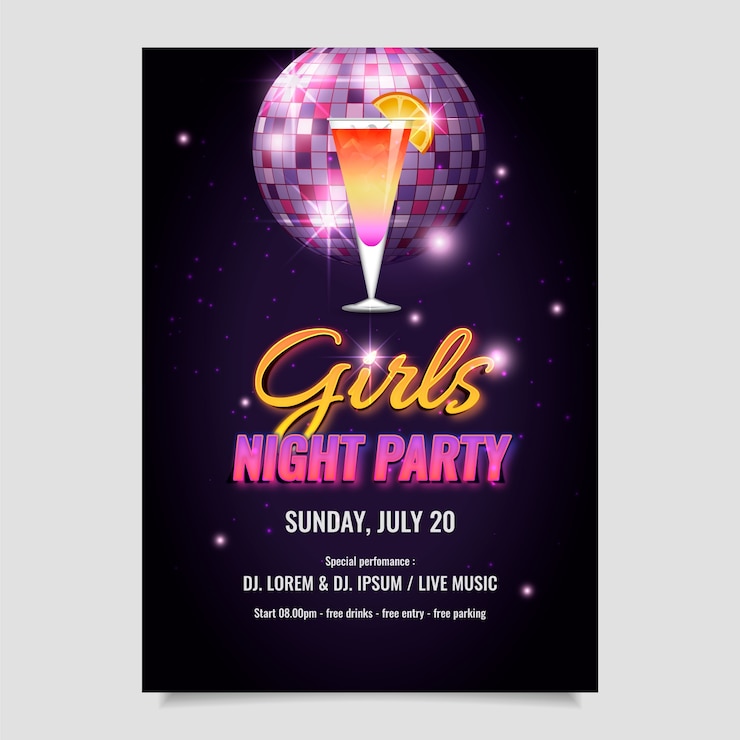 Gratis Vector sjabloon voor realistische meisjesnachtfeestposters