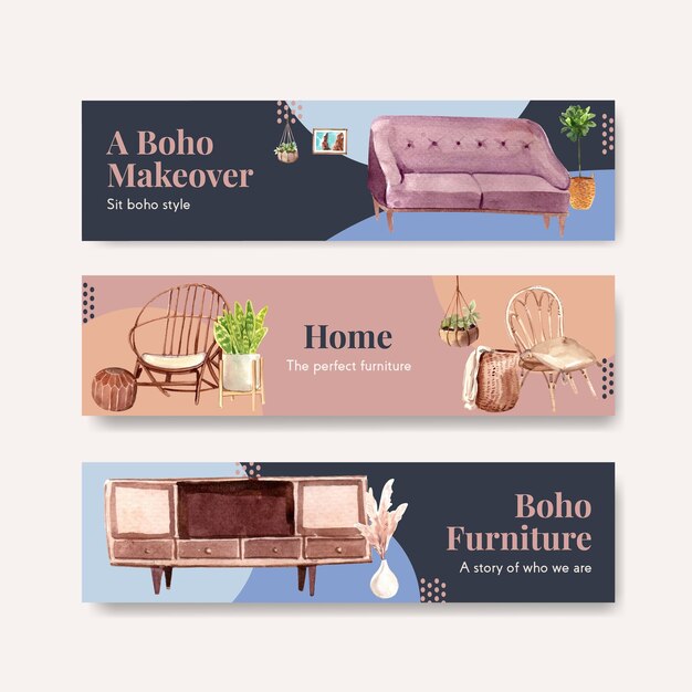 Sjabloon voor spandoek met boho meubelen conceptontwerp voor adverteren en marketing aquarel illustratie