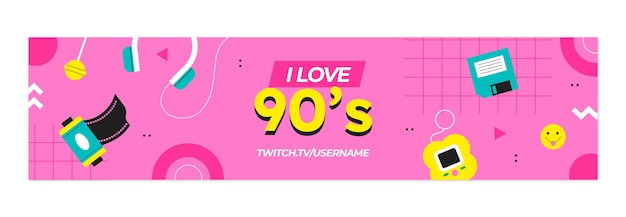 Gratis vector sjabloon voor spandoek met plat ontwerp, kleurrijke jaren '90 feest twitch