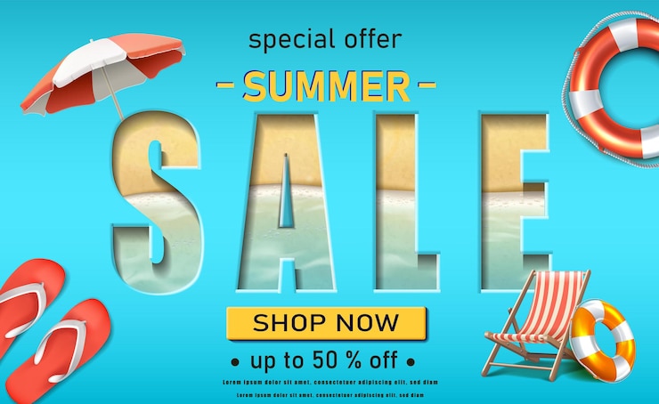 Gratis Vector sjabloon voor spandoek zomerverkoop horizontale oriëntatie met slippers zonnebank en zee