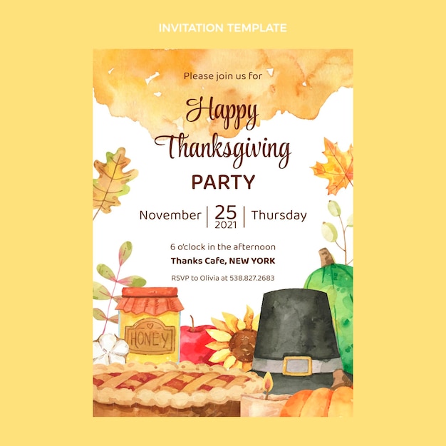 Sjabloon voor uitnodiging voor aquarel thanksgiving