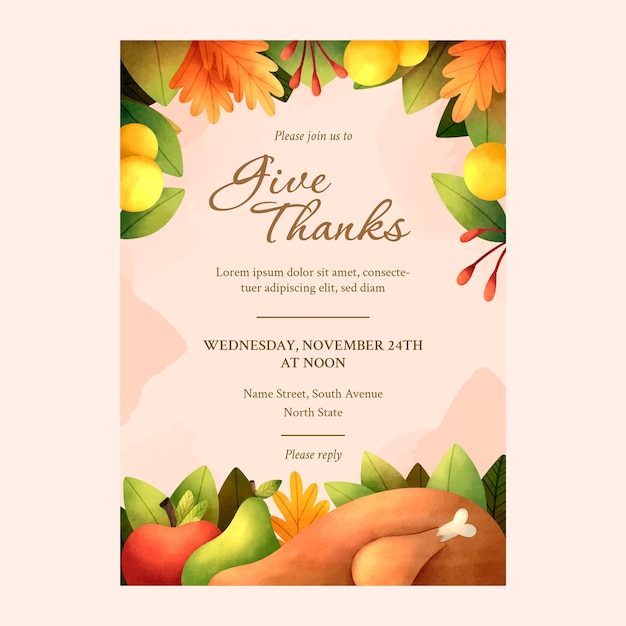 Gratis vector sjabloon voor uitnodiging voor aquarel thanksgiving