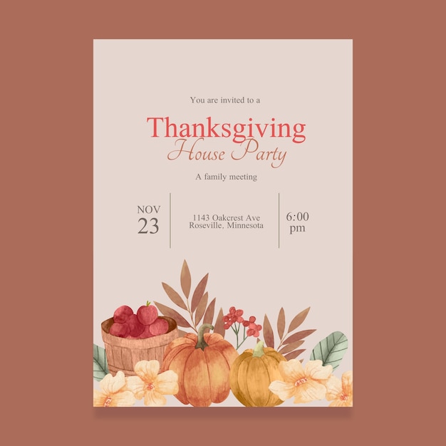 Gratis vector sjabloon voor uitnodiging voor aquarel thanksgiving