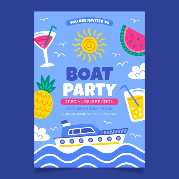 Sjabloon voor uitnodigingen voor een bootfeest met plat ontwerp