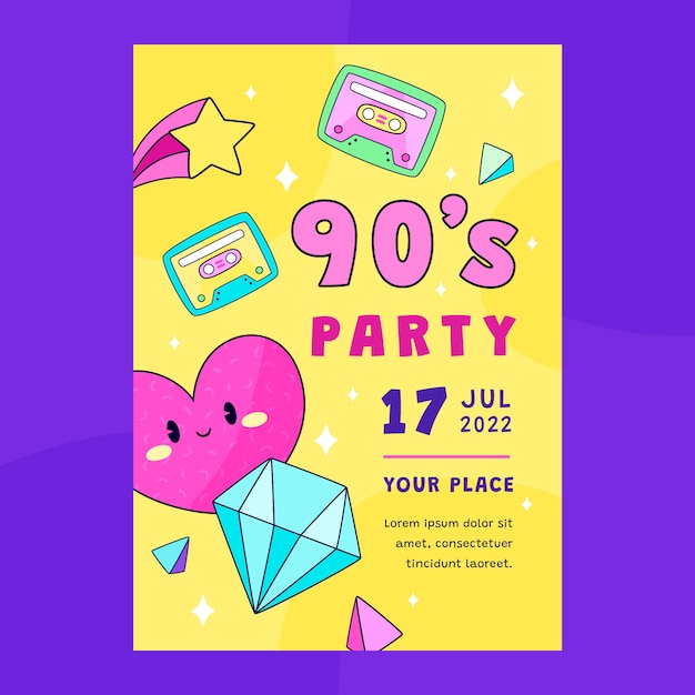 Gratis vector sjabloon voor uitnodigingen voor een feest uit de jaren 90