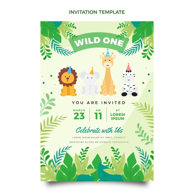 Sjabloon voor uitnodigingen voor een verjaardagsfeestje plat jungle