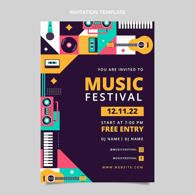 Sjabloon voor uitnodigingen voor platte muziekfestivals met mozaïekontwerp