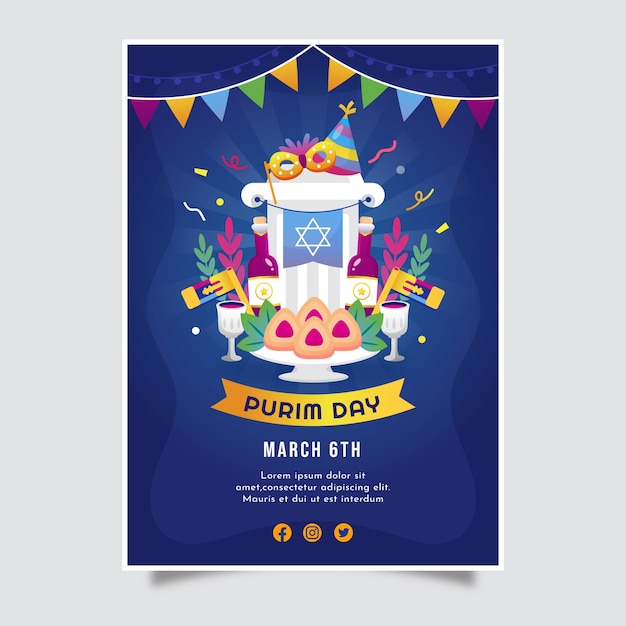 Gratis vector sjabloon voor verticale poster met kleurovergang voor de viering van de purim-vakantie
